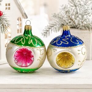 VTG Columbia Mercury Glass Triple Reflector Christmas Ornaments Set of 2 MCM